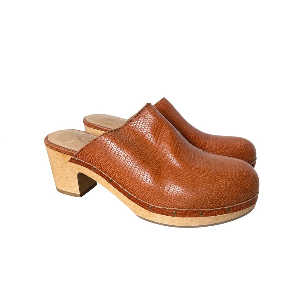 Madewell Cognac Leather Clogs Women 7.5 Wood Heel Mules Boho 70s Platform
